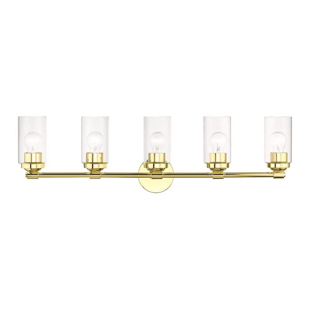 Strombury 35 in. 5 Light Polished Brass Vanity Light with Hand Blown Clear Glass Shades price history on PriceWatchPro
