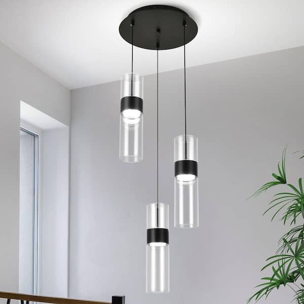 Jasslynn 40 Watt 3 Light Matte Black Modern Pendant Light with Cylinder Glass Shade, No Bulbs Included