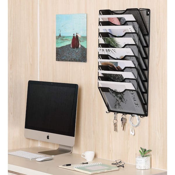 13.2 in. W x 11.6 in. H Black Metal Wall Magazine Rack Holder,8 Pocket Mesh Hanging Magazine Rack