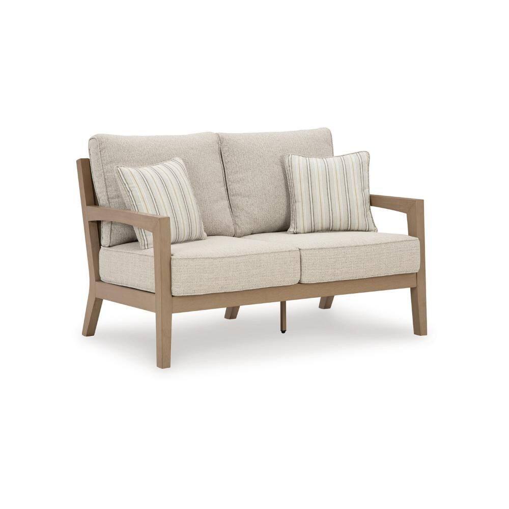 Karo Driftwood Brown Wood Outdoor Loveseat with Beige Cushions and 2 Accent Pillows price history on PriceWatchPro