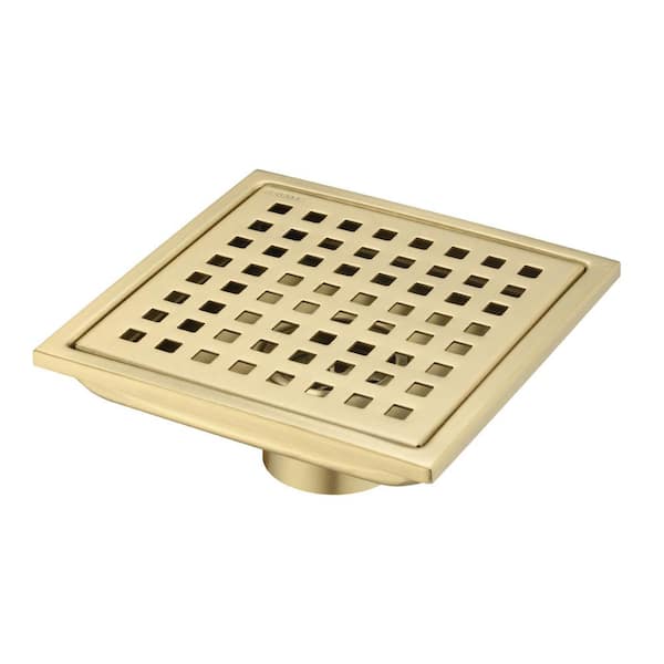Tileon 6 in. L x 6 in. W x 2.3 in. H Square Stainless Steel Shower Floor Drain Shower/Tub Hardware with Base Flange in Gold