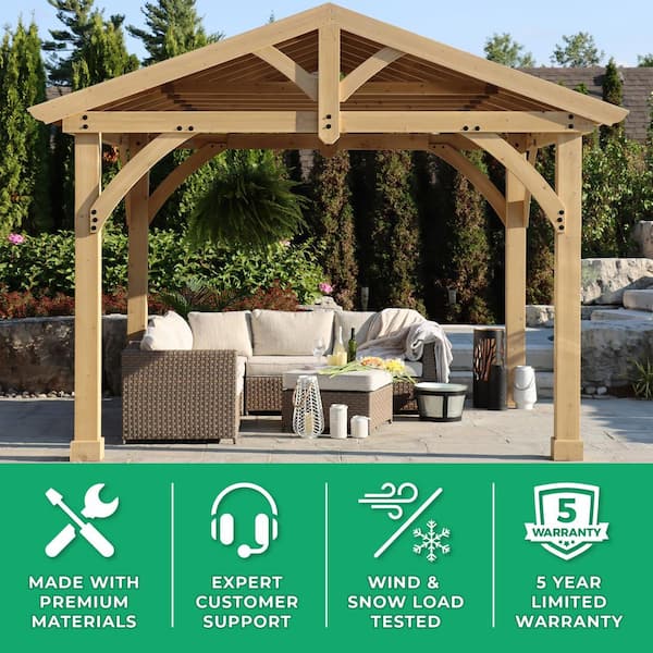 Carolina 11 ft. x 13 ft. Premium Outdoor Cedar Backyard Patio Shade Pavilion with Brown Aluminum Gazebo Style Roof