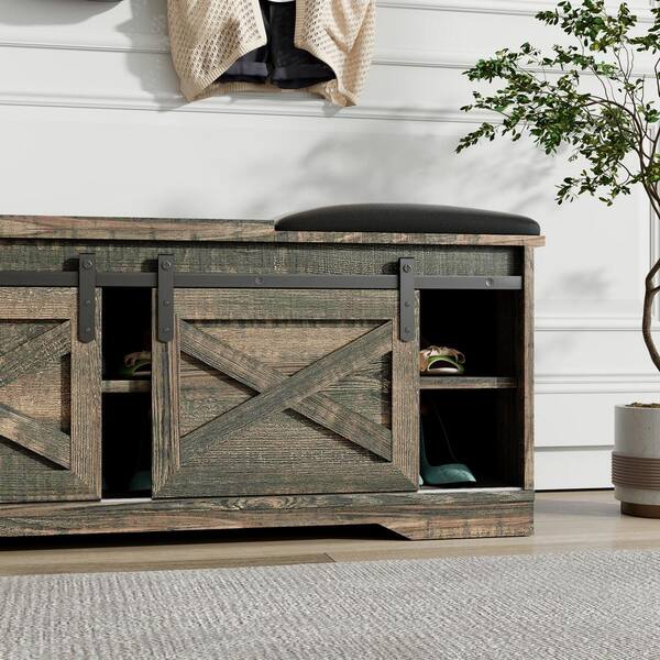 IDEAGLE H x 47 W Old Pine Wood Shoe Storage Bench