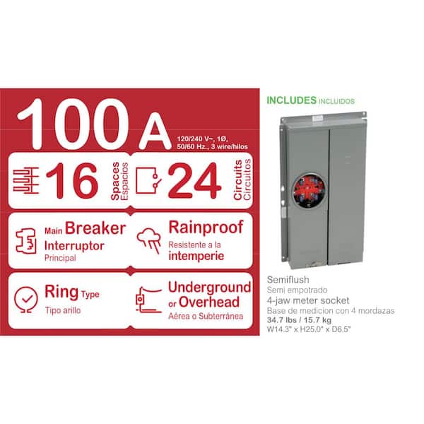 100 Amp 16-Space 24-Circuit Outdoor Semi-Flush Mount Main Breaker Combination Service Entrance Device