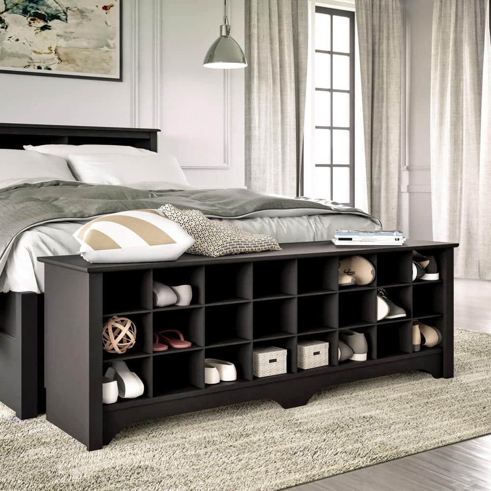 Black Engineered Wood Shoe Storage Bench with 24 Cubbies