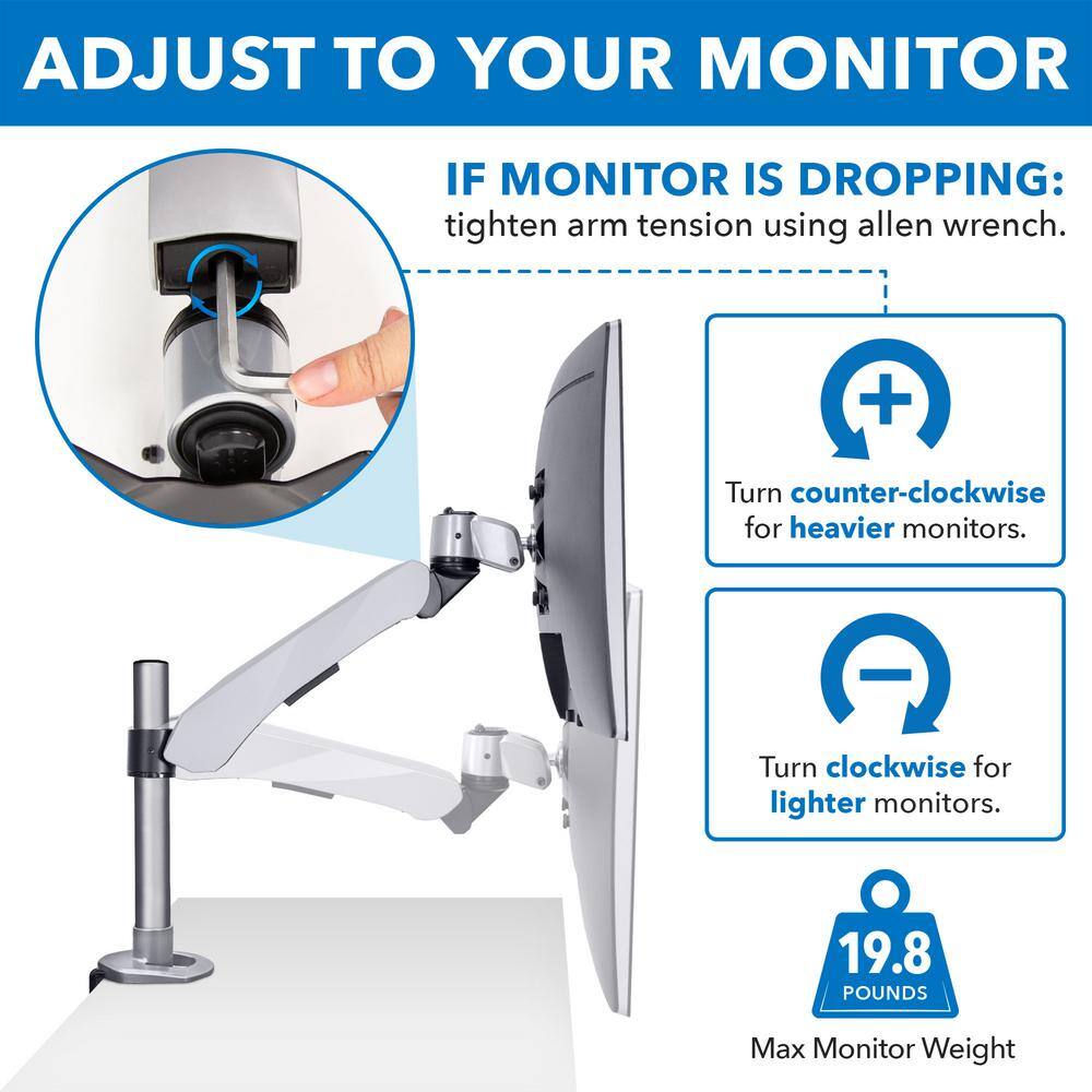 Silver Aluminum Single Monitor Desk Mount with Gas Spring Arm