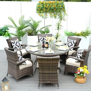 Penny Brown 7-Piece Wicker Outdoor Dining Set with Washed Beige Cushion