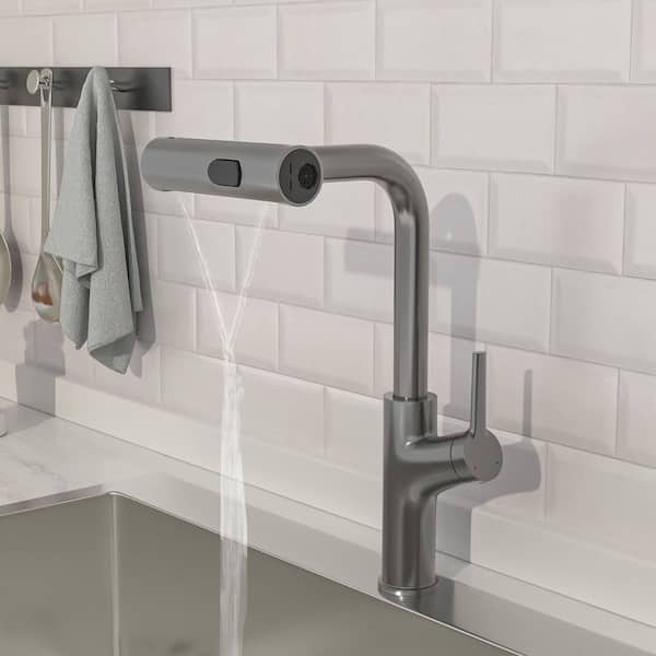 Gunmetal Black 8 in. Single Handle 360° Swivel Waterfall Pull Out Sprayer Kitchen Faucet Deckplate Not Included
