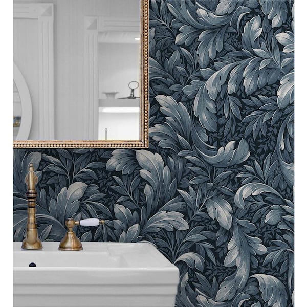 30.75 sq. ft. Navy Blue Acanthus Trail Vinyl Peel and Stick Wallpaper Roll