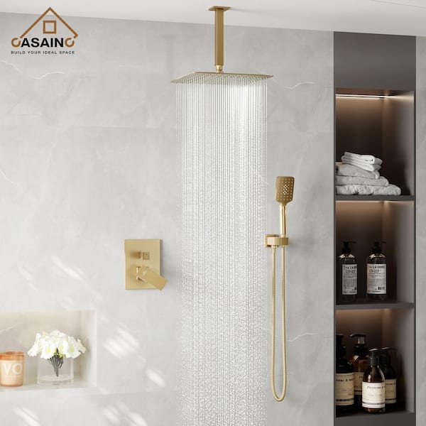 3-Spray Pattern 12 in. Ceiling Mount Shower System Shower Head and Functional Handheld, Brushed Gold (Valve Included)