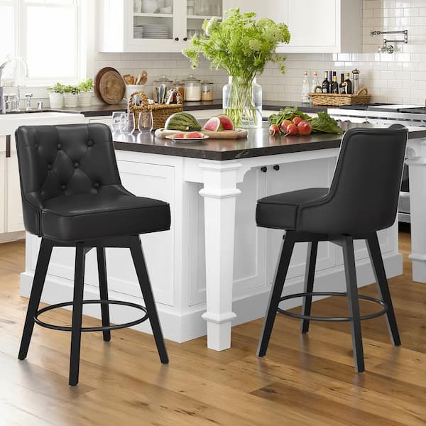 cozyman Roman 26.5 in. Black Faux Leather Solid Wood Leg Counter Height Swivel Bar Stool With Back（Set of 2）