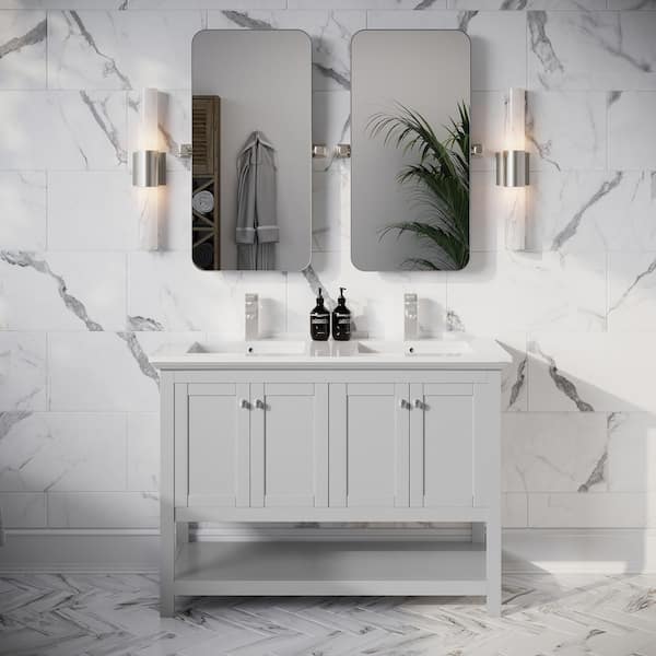 Manchester 48 in. Double Sink Shaker-Style Gray Bath Vanity with White Quartz Top and Integrated Sink