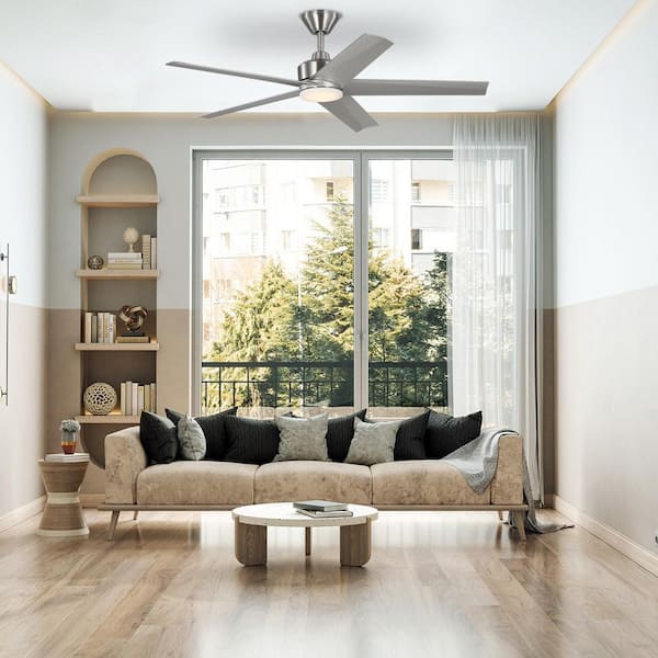 Ludlow 52 in. Brushed Nickel Downrod Standard Ceiling Fan with DC Motor, White Adjustable LED light, and Remote Control