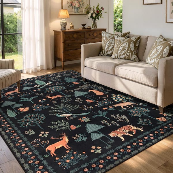 Jungle Animal Design Machine Washable Non Slip Black 5 ft. x 7 ft. Living Room/Bedroom/Kid Room Area Rug