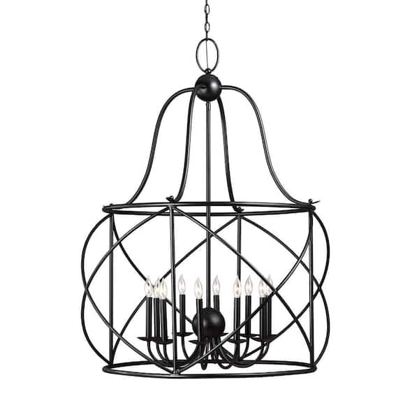 Generation Lighting Turbinio 37 in. W x 46.75 in. H 10-Light Textured Black Hall/Foyer Extra Large Rustic Cage Metal Indoor Hanging Pendant