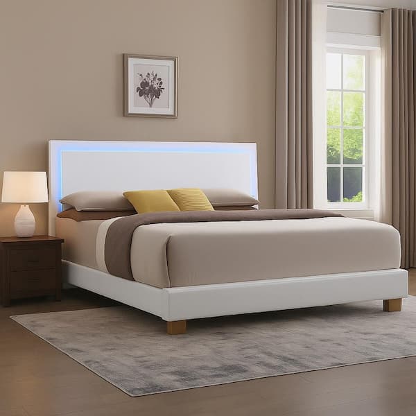 White Wooden Frame King Platform Bed with LED Panel Headboard and Chrome Legs