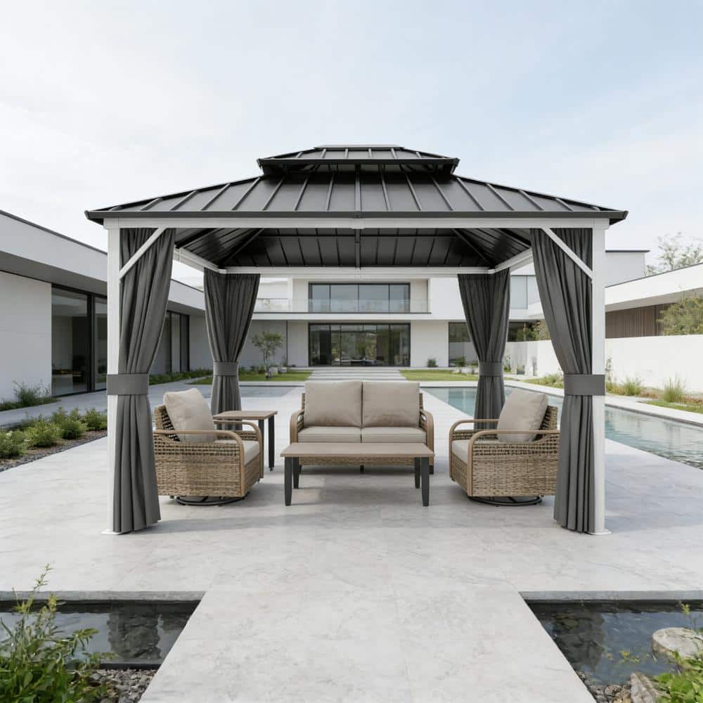 Shade Graphix 12 ft. W x 10 ft. D Hardtop Gazebo 2-Tier Heavy-Duty Galvanized Steel Roof Aluminum Frame w/ Net Mesh Privacy Curtain