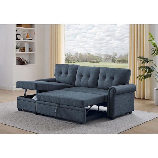 Chloe 86 in. Rolled Arms Linen Blend Convertible Sectional Sofa Bed in Dark Blue with Storage Chaise, Pull-Out Bed