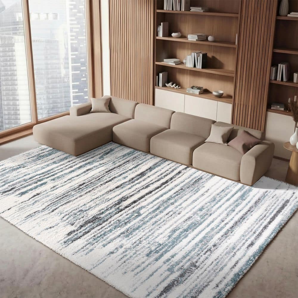 Fontana Shag 5 ft. x 5 ft. Square Ivory/Teal Distressed Striped Area Rug price history on PriceWatchPro