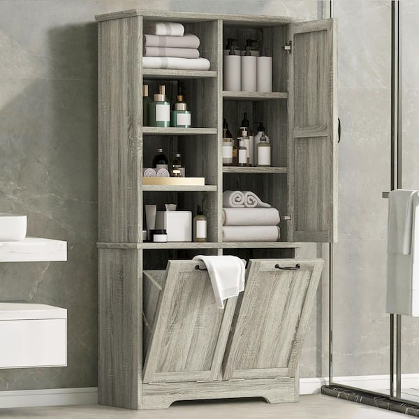 31 in. W x 14 in. D x 68 in. H Brown Wood Linen Cabinet Storage Cabinet with Tilt-Out Laundry and Adjustable Shelf