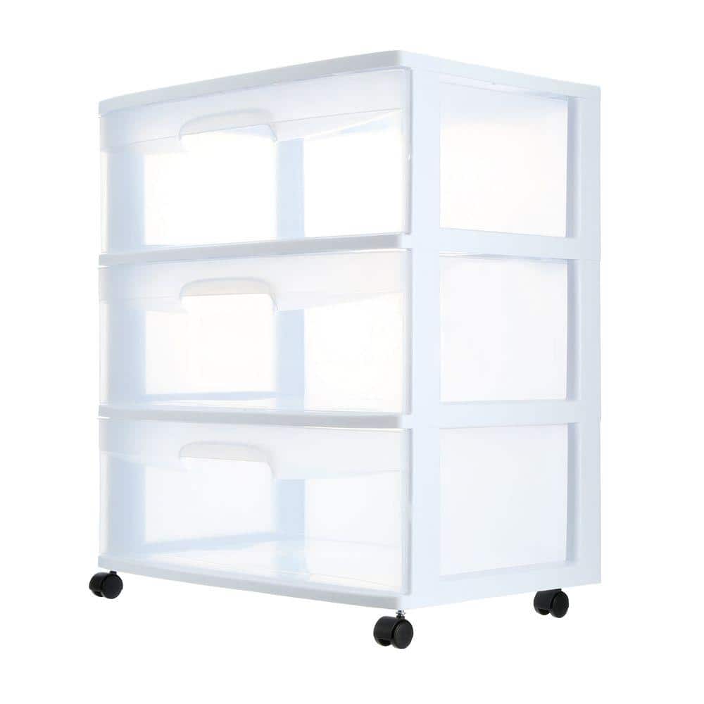 3 Drawer Cart, White Frame Wide Drawers Portable Rolling Tower Organizer  Storage