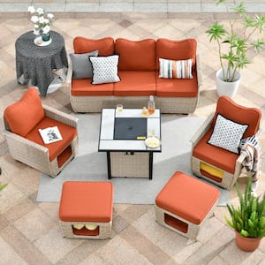 Echo Beige 6-Piece Wicker Outdoor Multi-Functional Patio Conversation Sofa Set with a Fire Pit and Orange Red Cushions
