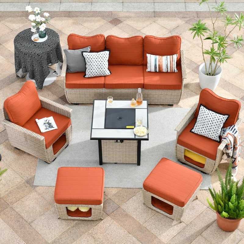 Echo Beige 6-Piece Wicker Outdoor Multi-Functional Patio Conversation Sofa Set with a Fire Pit and Orange Red Cushions