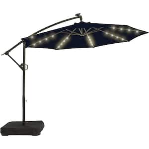 10 ft. Aluminum Solar Patio Offset Umbrella Outdoor Cantilever Umbrella Hanging Umbrellas with Weighted Base Navy Blue