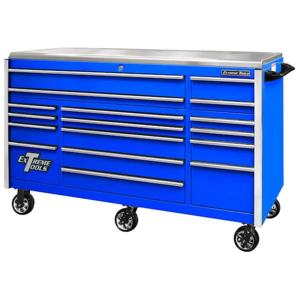 Extreme Tools EXQ 72 in. 17-Drawer Blue Professional Triple Bank Roller Cabinet 300 lbs. Slides with Chrome Drawer Pulls