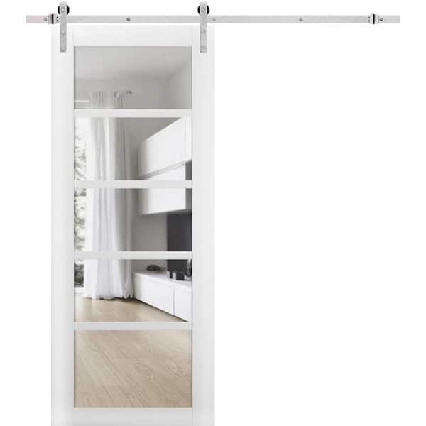 28 in. x 84 in. 1 Panel Clear Glass White Solid MDF Sliding Barn Door with Hardware Kit
