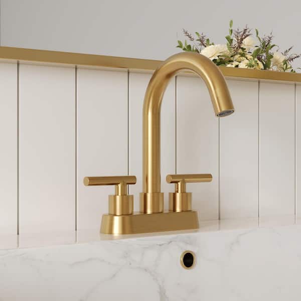 4 in. Centerset Double Handle High Arc Bathroom Faucet with 360° Swivel, Pop-Up Drain in Brushed Gold (Valve Included)
