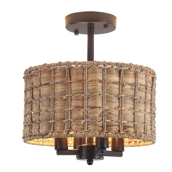 11.8 in. 4-Light Matte Black Drum Shade Semi-Flush Mount with Water Hyacinth & Seagrass and No Bulbs Included