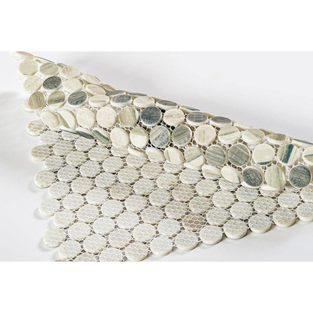 Rei White and Gray Glass Penny Round Mosaic Tile Sample