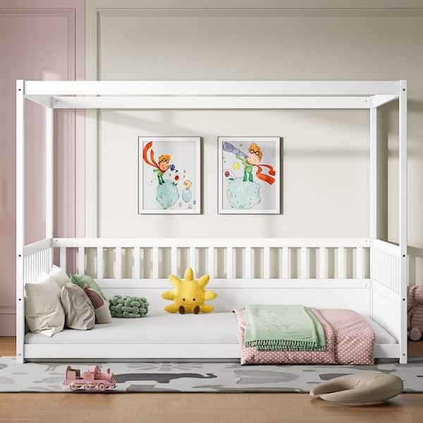 White Full Bed Frame with Canopy, Guardrails and 4 Poster Design