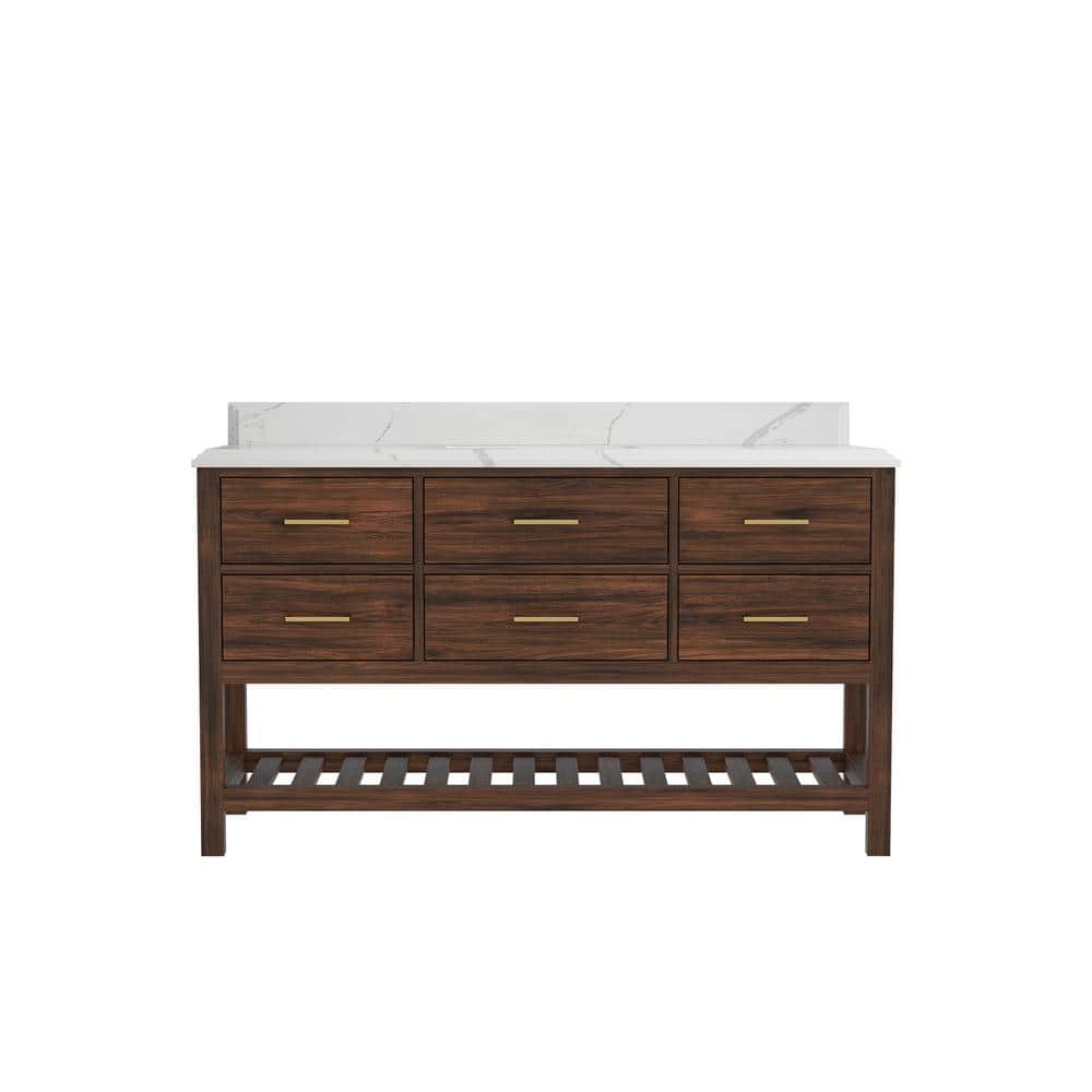 Parket Teak 60 in. W x 22 in. D x 36 in. H Single Sink Bath Vanity in Dark Walnut w/ 1.5 in. Calacatta Laza Quartz Top price history on PriceWatchPro
