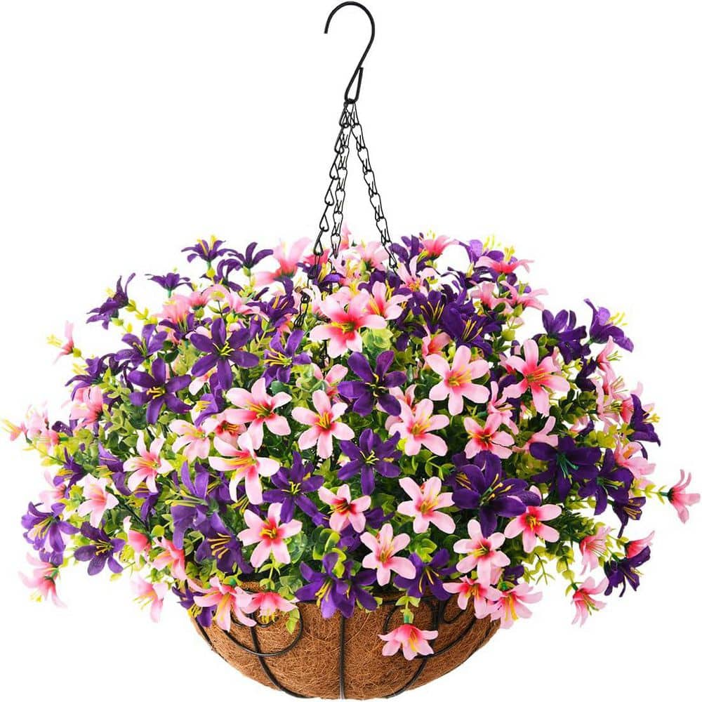 19.7 in. Pink Purple Outdoor Artificial Hanging Violet Flowers in Brown Bas