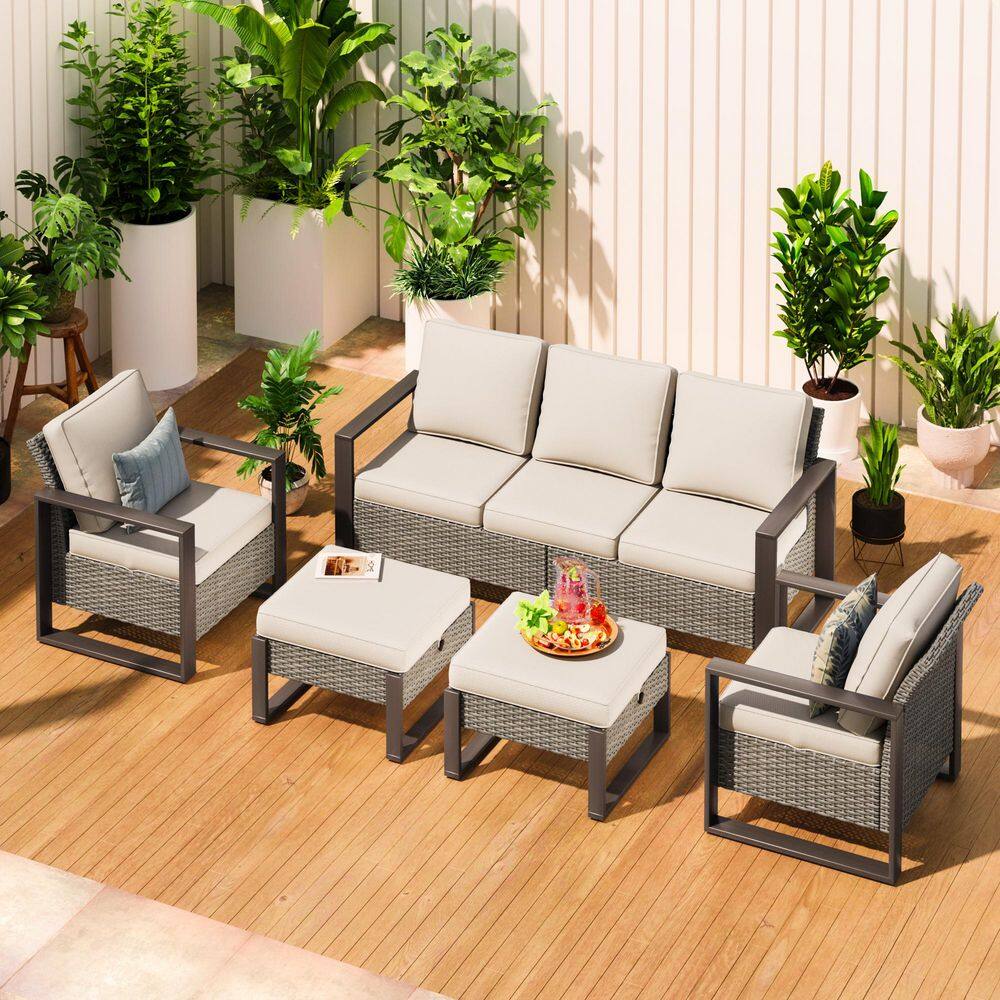 5-Piece Wicker Patio Outdoor Conversation Sectional Set with Steel Frame and Beige Cushions price history on PriceWatchPro