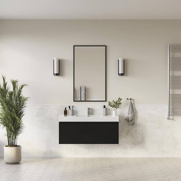 Mezzo 48 in. Modern Wall Hung Bath Vanity in Black with Vanity Top in White with White Basin