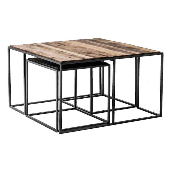 HomeRoots Valerie 31.5 in. L Rustic Boat Wood & Nordic Black 17.72 in. H Square MDF Coffee Table with 3 -Pieces