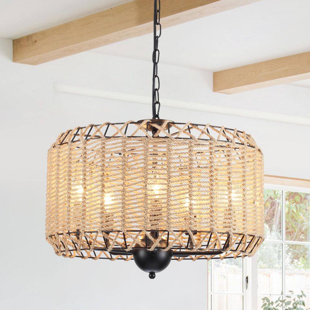 19.7 in. 5-Light BlackBrown Bohemian Rustic Natural Hand-Woven Hemp Rope Drum Chandelier (Bulbs Not Included) price history on PriceWatchPro