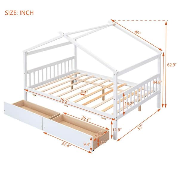 2 Color Wooden Full Size House Bed with 2 Drawers, Kids Bed with