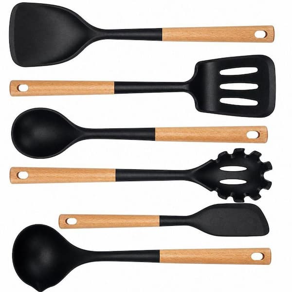 Heat Resistant Silicone Baking Spatula Spoonula Set with Wooden Handle Black for Home Cooking Baking Frying (6-Pack)