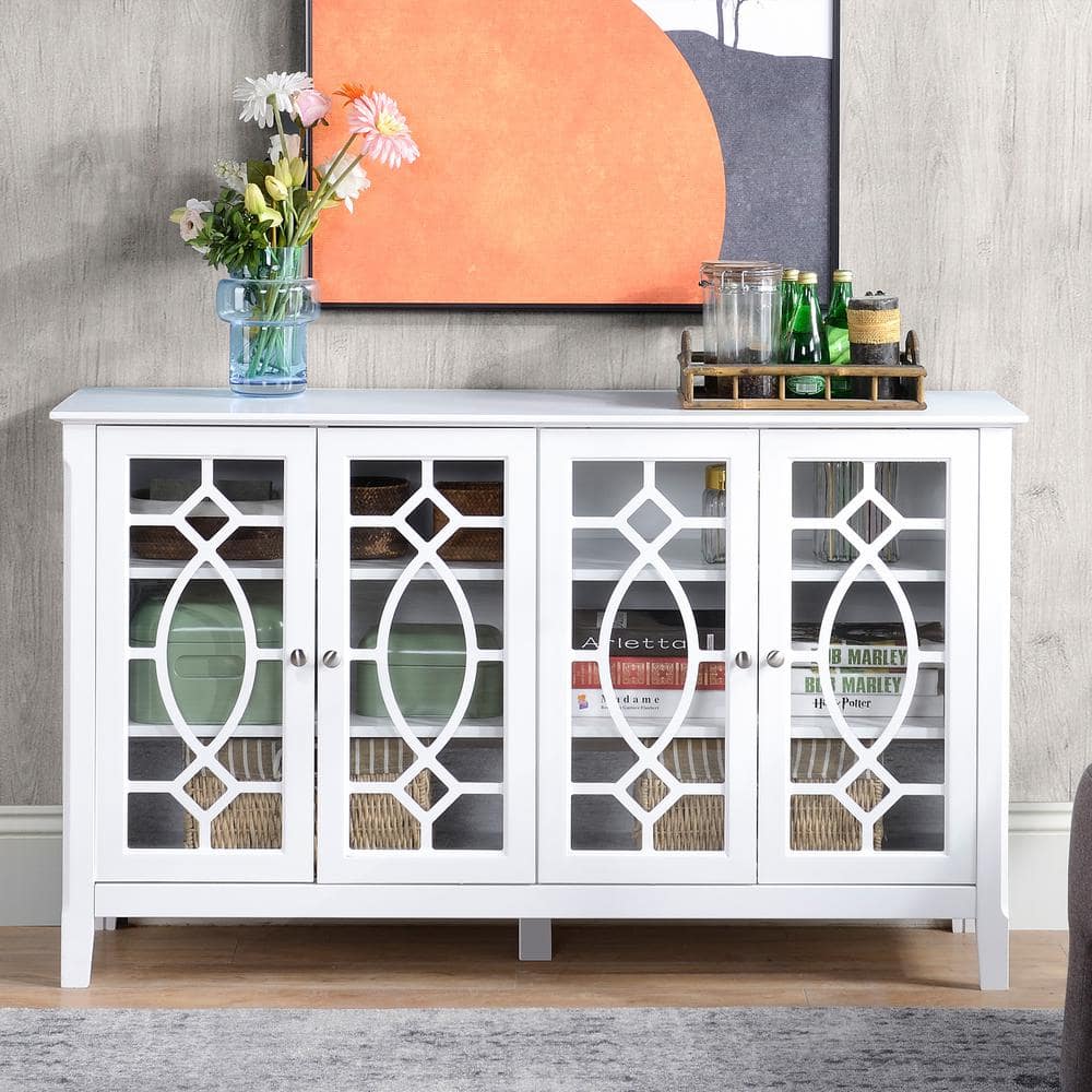 White Glass Door Sideboard Buffet Cabinet with Adjustable Shelves