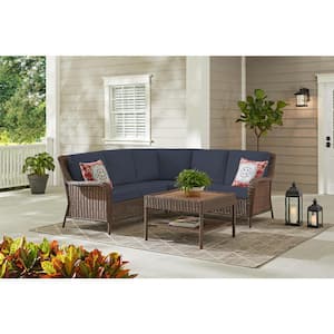 Cambridge 4-Piece Brown Wicker Outdoor Patio Sectional Sofa and Table with CushionGuard Sky Blue Cushions