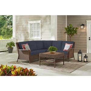 Cambridge 4-Piece Brown Wicker Outdoor Patio Sectional Sofa and Table with CushionGuard Sky Blue Cushions