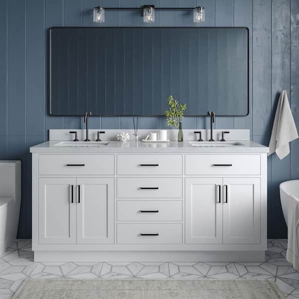 ARIEL Hepburn 73 in. W x 22 in. D x 36 in. H Bath Vanity in White with White Carrara Marble Vanity Top with White Basins