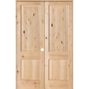 56 in. x 96 in. Rustic Knotty Alder 2-Panel Square Top Left Handed Solid Core Wood Double Prehung Interior French Door