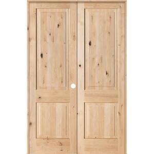 64 in. x 96 in. Rustic Knotty Alder 2-Panel Square Top Left Handed Solid Core Wood Double Prehung Interior French Door