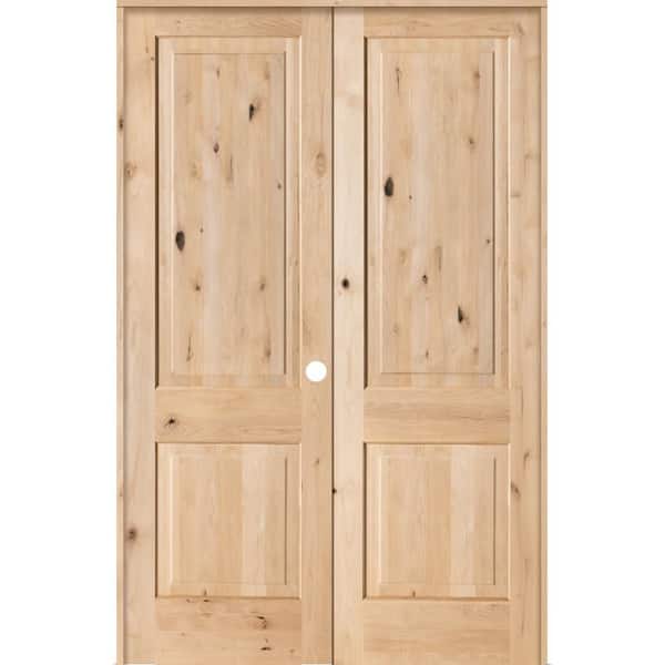 Krosswood Doors 64 in. x 96 in. Rustic Knotty Alder 2-Panel Square Top Left Handed Solid Core Wood Double Prehung Interior French Door