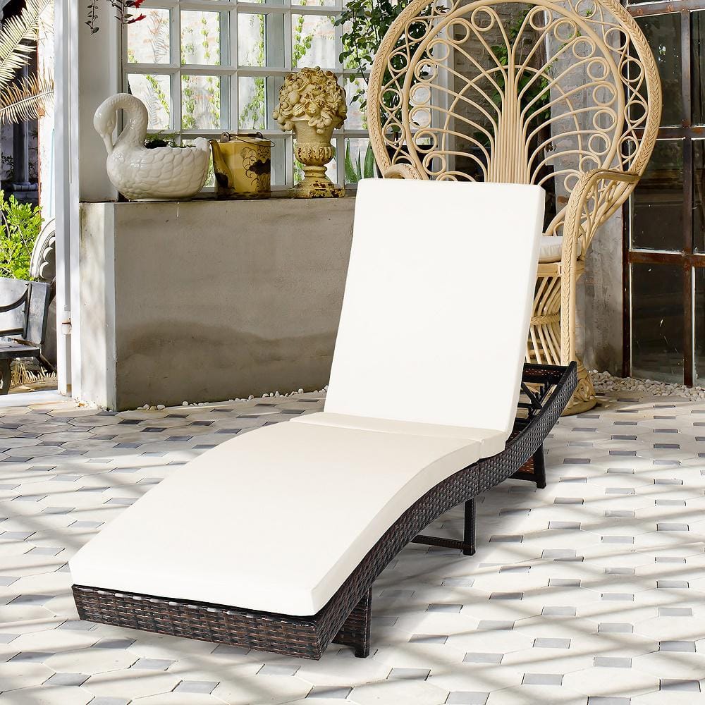 Adjustable White Cushioned Rattan Folding Chaise Lounge Chair